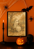 Ghost with Coffee on Park Bench Cozy Halloween Autumn Ghost Wall Art Print