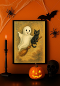 Friendly Ghost with Black Cat Riding a Broomstick Vintage Halloween Wall Art