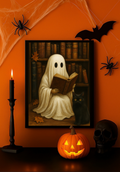 Ghost Reading in Library with Black Cat Vintage Halloween Wall Art